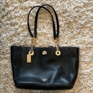 Coach Black and Gold Leather Tote with Chain Accents